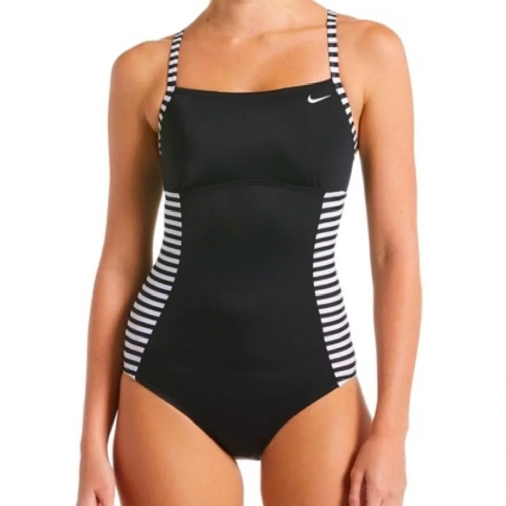 Nike Women's Black and White Striped One Piece‎ Swimsuit